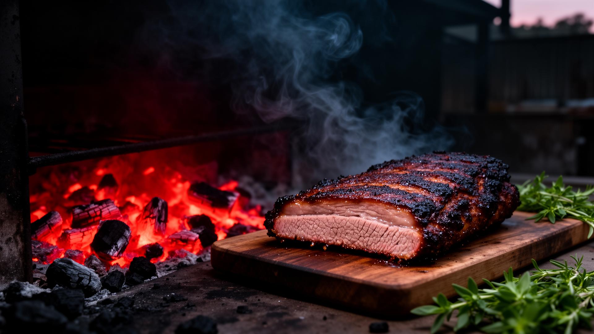 Smoked brisket over glowing embers
